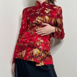 Red Floral Satin Mandarin Collar Blazer
